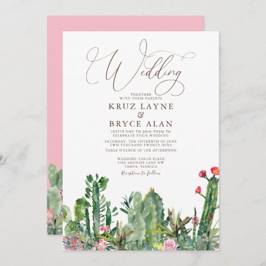Elegant Desert Cacti Succulents Wedding Invitation Kaart (Voorkant / Achterkant)