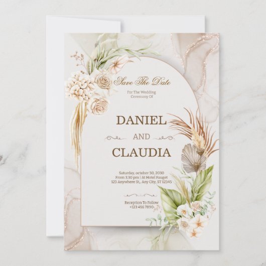 Elegant Desert Chic Pampas & Palm Wedding Invitati Kaart (Voorkant)