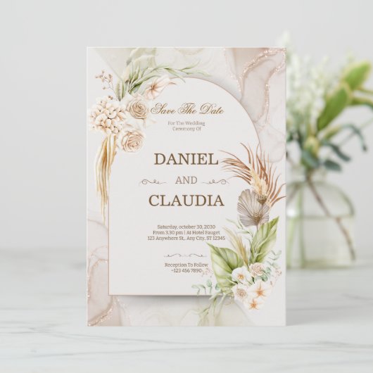 Elegant Desert Chic Pampas & Palm Wedding Invitati Kaart (Staand voorkant)