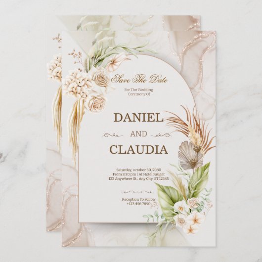 Elegant Desert Chic Pampas & Palm Wedding Invitati Kaart (Voorkant / Achterkant)