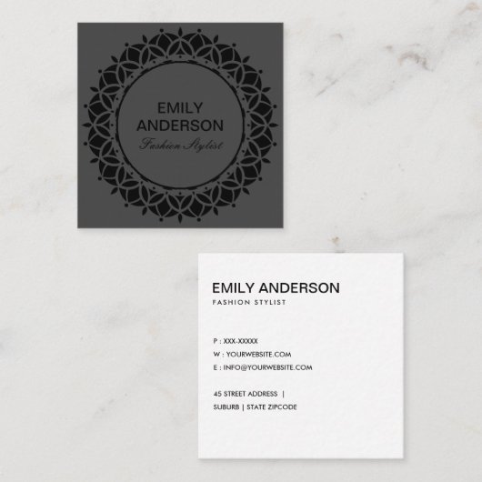 ELEGANT DESIGNER BLACK  FLORAL SUN MANDALA VIERKANTE VISITEKAARTJE (Voorkant / Achterkant)