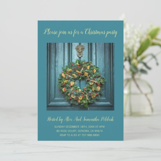 Elegant Deur and Wreate Holiday Kerstparty Kaart (Staand voorkant)