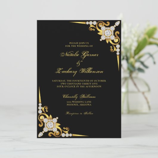 Elegant Diamant Goud Zwart Bruiloft Kaart (Staand voorkant)