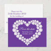 Elegant diamanten hart save the date paarse aankondigingskaart (Voorkant / Achterkant)