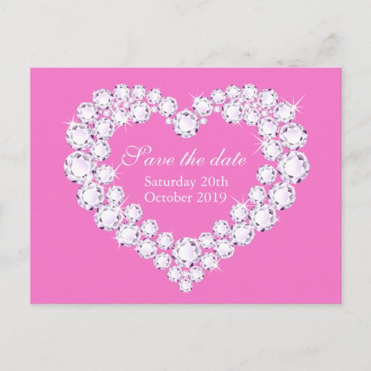 Elegant diamanten hart save the date roze aankondigingskaart (Voorkant)