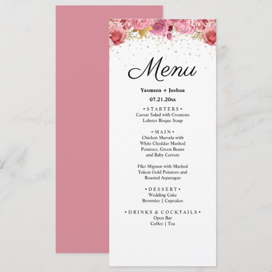 Elegant Diamond and Pink Floral Wedding Menu (Voorkant / Achterkant)