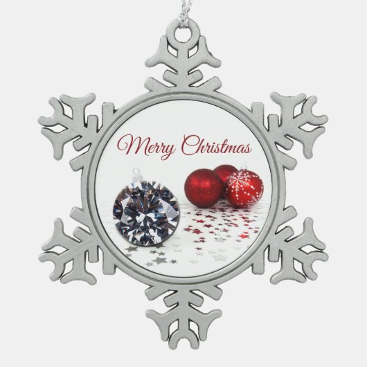 Elegant Diamond and Red Kerstversients Tin Sneeuwvlok Ornament (Voorkant)