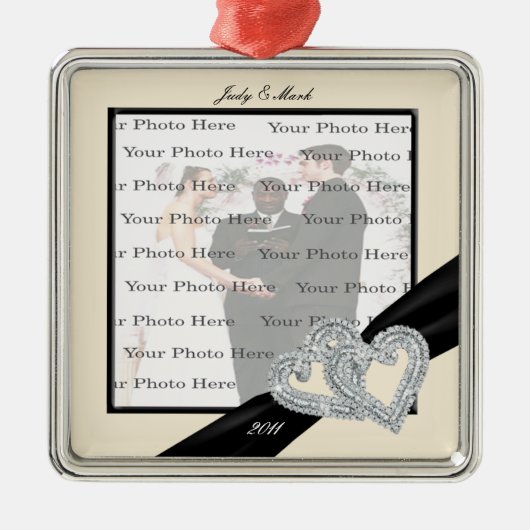 Elegant Diamond Black Ribbon SilverSquare Ornament (Voorkant)