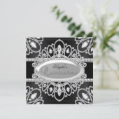 Elegant Diamond Black & Silver Quinceanera Invite Kaart (Staand voorkant)