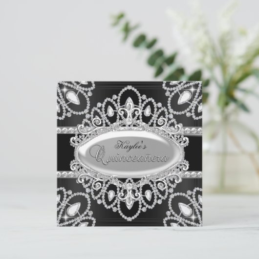 Elegant Diamond Black & Silver Quinceanera Invite Kaart (Staand voorkant)