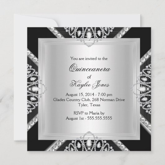 Elegant Diamond Black & Silver Quinceanera Invite Kaart (Achterkant)