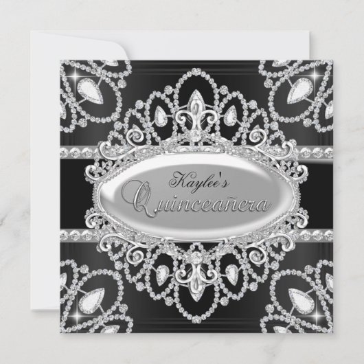 Elegant Diamond Black & Silver Quinceanera Invite Kaart (Voorkant)