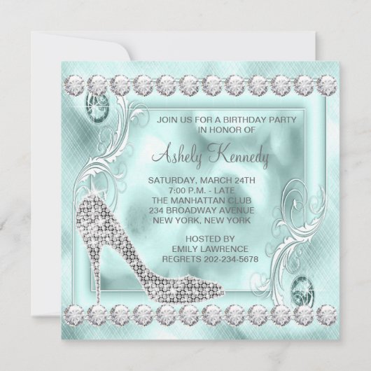 Elegant Diamond Blauwgroen Blauw Verjaardagsfeest Kaart (Achterkant)