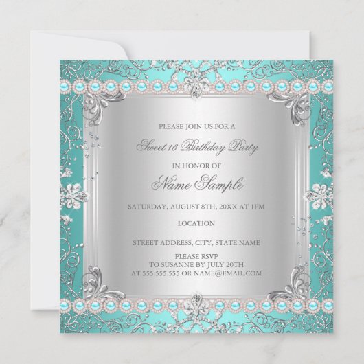 Elegant Diamond Blauwgroen Sweet 16 Zestien Kaart (Achterkant)