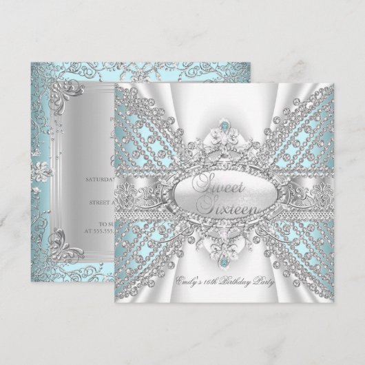 Elegant Diamond Blauwgroen Sweet 16 Zestien Uitnod Kaart (Voorkant / Achterkant)