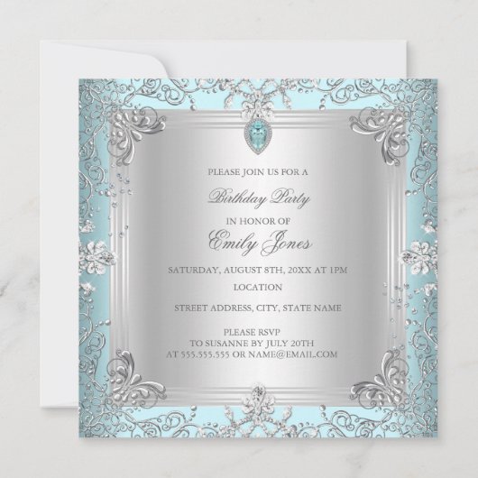 Elegant Diamond Blauwgroen Sweet 16 Zestien Uitnod Kaart (Achterkant)