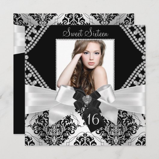 Elegant Diamond Bow Black Damask Foto Sweet 16 Kaart (Voorkant / Achterkant)