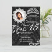 Elegant Diamond & Damask Foto Quinceanera Invite Kaart (Staand voorkant)