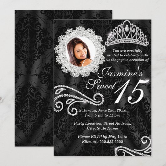 Elegant Diamond & Damask Foto Quinceanera Invite Kaart (Voorkant / Achterkant)