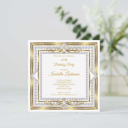 Elegant Diamond Gold White Pearl Birthday Kaart (Staand voorkant)