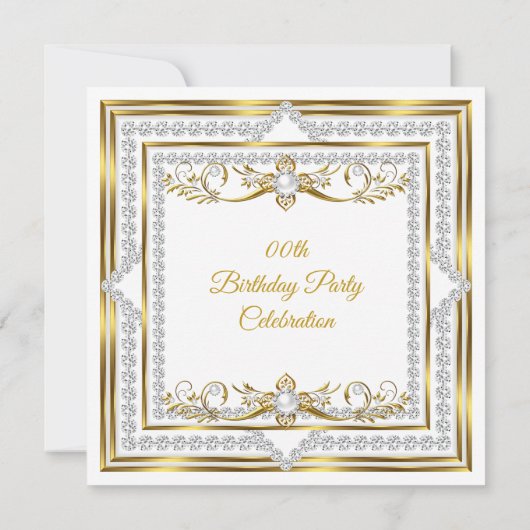 Elegant Diamond Gold White Pearl Birthday Kaart (Achterkant)