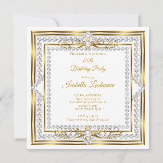 Elegant Diamond Gold White Pearl Birthday Kaart (Voorkant)