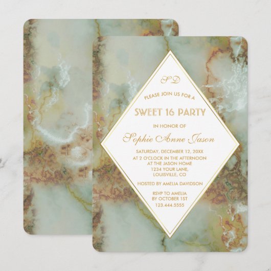 Elegant Diamond Green Marble SWEET 16 Party Kaart (Voorkant / Achterkant)