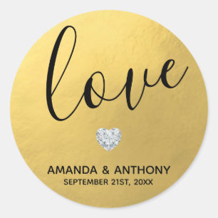 Elegant Diamond Hart LIEFDE Gouden Folie Huwelijks Ronde Sticker