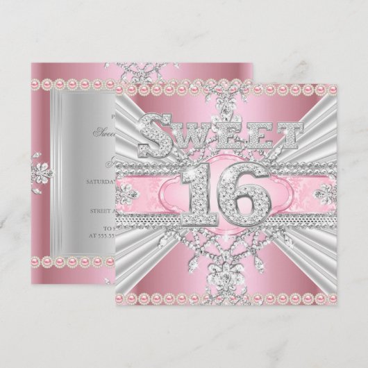 Elegant Diamond Pink Sweet 16 Zestien Partij 3 Kaart (Voorkant / Achterkant)