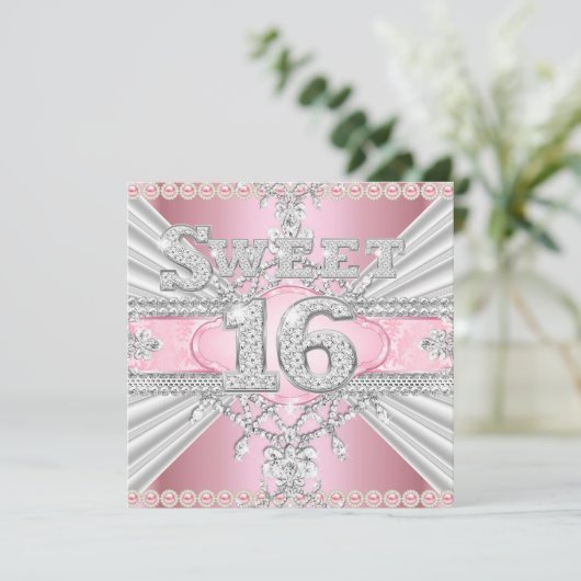 Elegant Diamond Pink Sweet 16 Zestien Partij 3 Kaart (Staand voorkant)