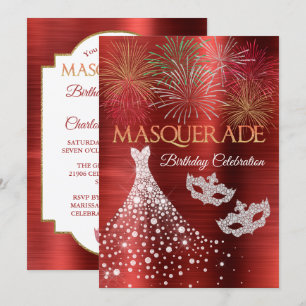 Elegant Diamond Red Glam Masquerade Invitation Kaart