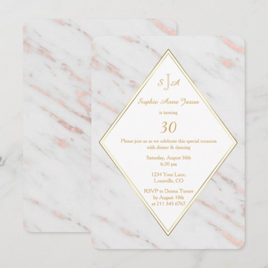 Elegant Diamond Roos Gold Marble Birthday Party Kaart (Voorkant / Achterkant)