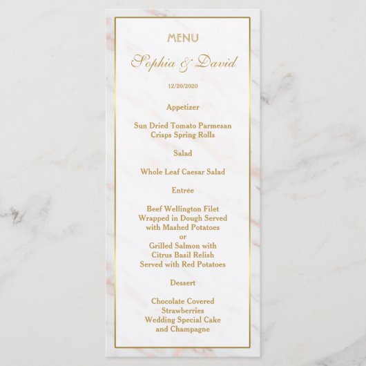 Elegant Diamond Roos Gold Marble Wedding Menu (Voorkant)