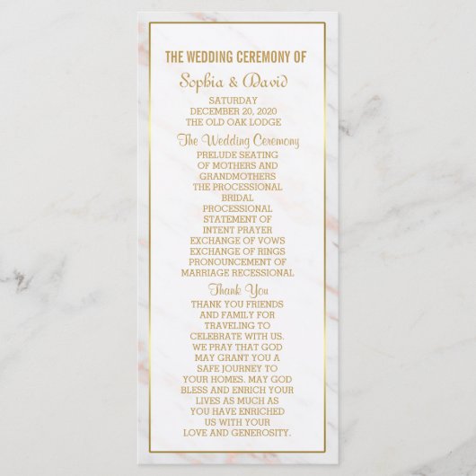 Elegant Diamond Roos Gold Marble Wedding Program Programmakaart (Voorkant)