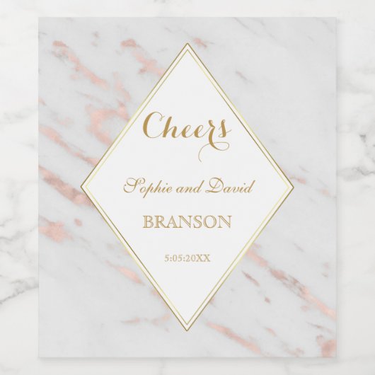 Elegant Diamond Roos Gold Marble Wedding Wijn Etiket (Enkel label)