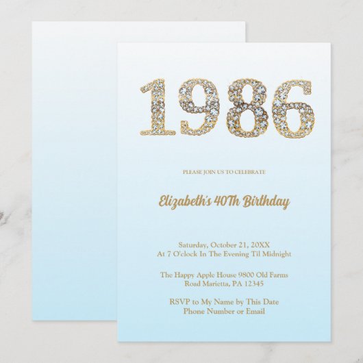 Elegant Diamond Year 1986 40th Birthday Party Kaart (Voorkant / Achterkant)