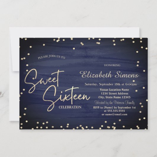 Elegant Diamonds Navy Blauw Goud Script Sweet 16 Kaart (Voorkant)