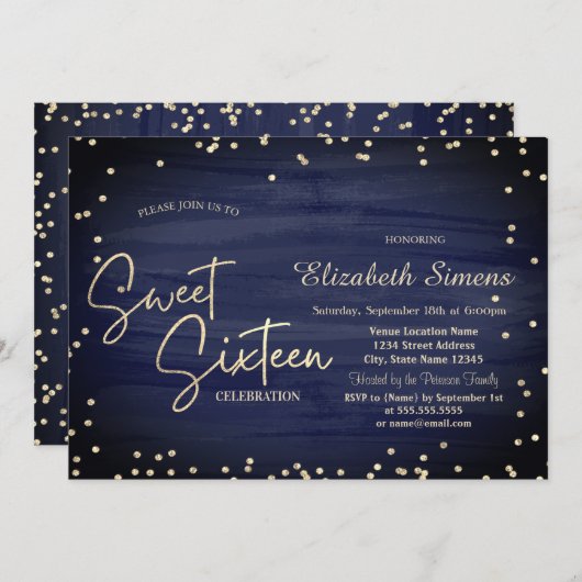 Elegant Diamonds Navy Blauw Goud Script Sweet 16 Kaart (Voorkant / Achterkant)
