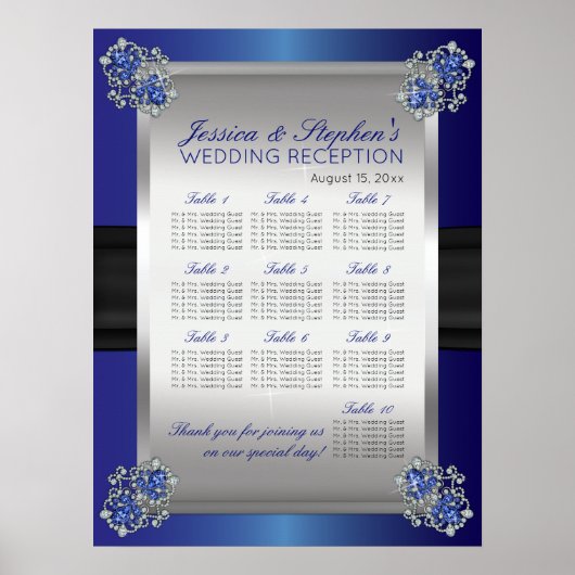Elegant Diamonds Sapphire Wedding Seding Chart Poster (Voorkant)