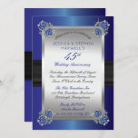 Elegant Diamonds Sapphires Blue 45th Jubileum Kaart<br><div class="desc">Kort gesofisticeerd en stijlvol 45e trouwdag-uitnodiging met gedrukte faux sapphire blue satin look background en zwart satin lbon met diamanten en sapphire hoekclasps. De faux zwarte lint en de gradiënt sapphire achtergrond worden achteraan voortgezet voor een gepolijste, verfijnde look. Origineel ontwerp door Holiday Hearts Design (alle gereserveerde rechten). Let erop...</div>