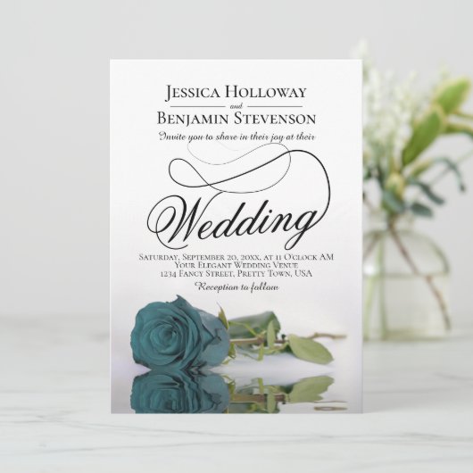 Elegant die Blauwgroen Roos Classy Script Wedding  Kaart (Staand voorkant)