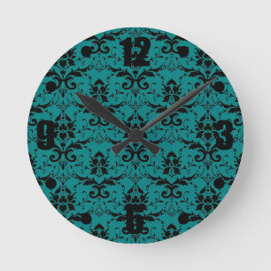 Elegant diep Blauwgroen zwart damast patroon Ronde Klok