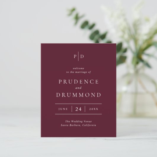 Elegant Diep Bourgondi Kleur Klassiek Trouwprogram (Staand voorkant)