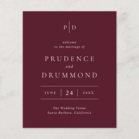 Elegant Diep Bourgondië Klassiek Trouwprogramma Flyer (Voorkant)