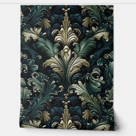 Elegant diepblauw-groen patroon in Victoriaans sti Behang