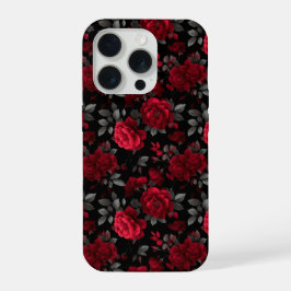 Elegant Dieprode Roos Zwart Bloemmotief iPhone 15 Pro Case