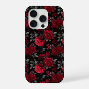 Elegant Dieprode Roos Zwart Bloemmotief iPhone 15 Pro Case