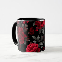 Elegant Dieprode Roos Zwart Bloemmotief Mok