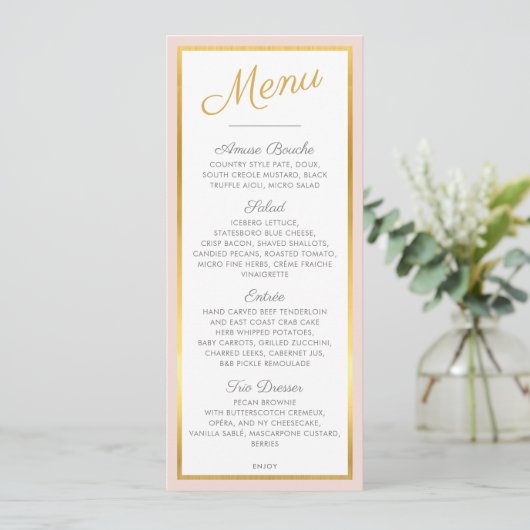 ELEGANT DINER MENU modern bruiloft goud bord roze (Staand voorkant)