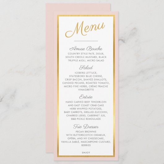 ELEGANT DINER MENU modern bruiloft goud bord roze (Voorkant / Achterkant)